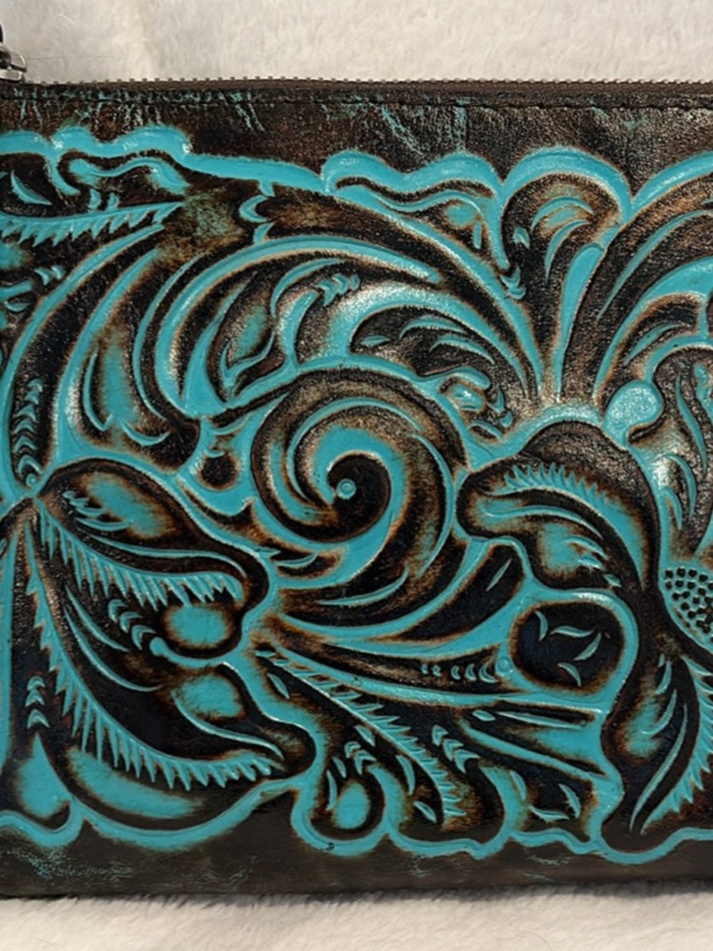 Patricia Nash Tooled Leather Wristlet Clutch in Brown & Blue